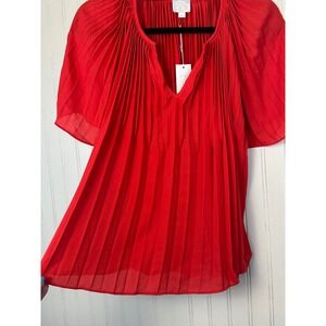 Violet Claire‎ New York Sweet Red Pleated V Neck Short Sleeve Blouse